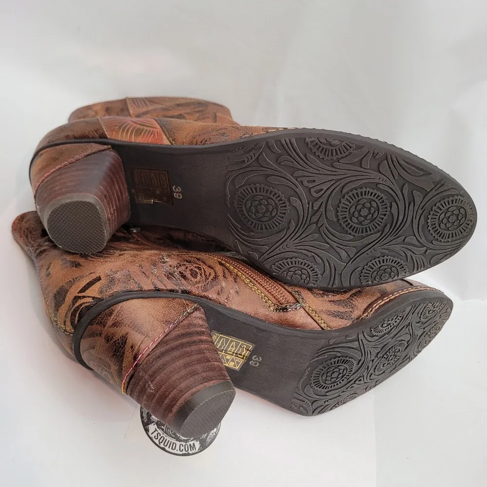 Spring Step L'Artiste Ankle Boots Womens Brown Gold Floral Leather 39